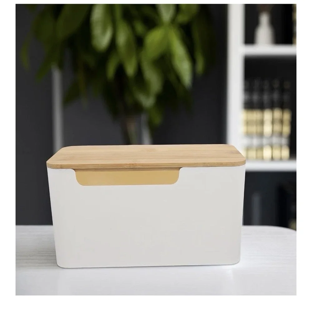 Cable Management Box Cord Organizer w/ Bamboo Lid White 12.18 x 5.58 x 5.11